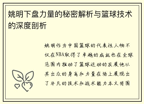 姚明下盘力量的秘密解析与篮球技术的深度剖析